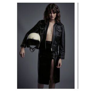 New Understated Black Leather jacket Mixed Metal Hand Studded Lined Size S $625